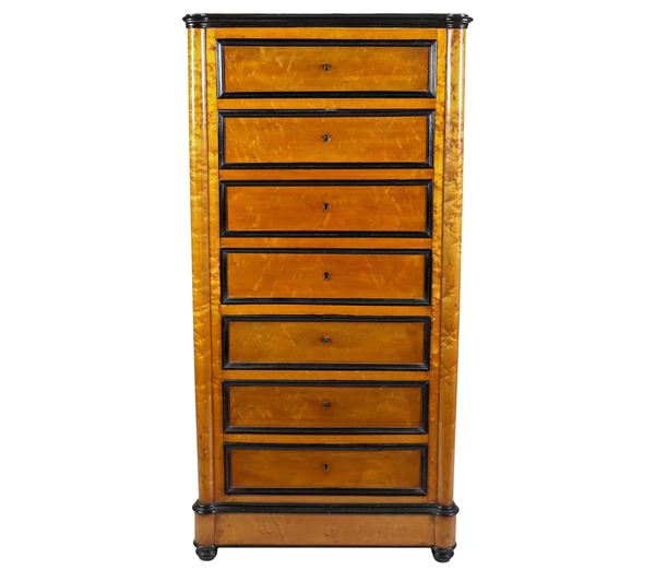 French secretaire in the shape of a septet, in thuja briar and ebonized wood panels, white marble top