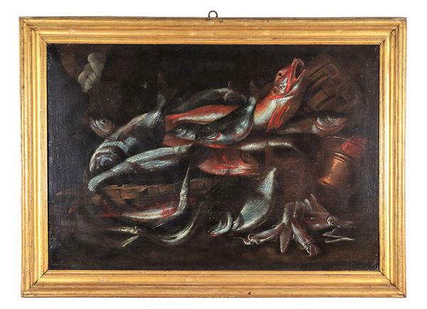 Scuola Napoletana Fine XVII Secolo - "Still life of fish and pottery", oil painting on canvas