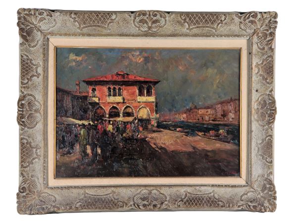 Pittore Veneto Fine XIX Secolo - Signed. "The fish market in Venice", oil painting on plywood