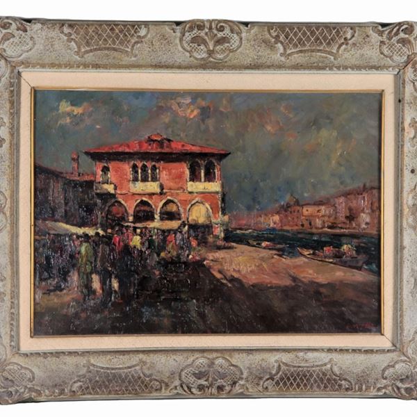 Pittore Veneto Fine XIX Secolo - Firmato. "La pescheria a Venezia", dipinto ad olio su compensato