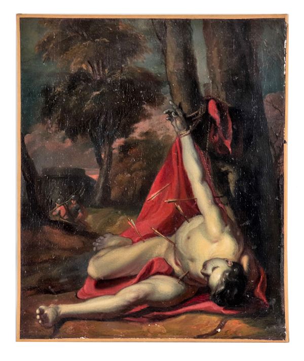 Scuola Bolognese Fine XVII - Inizio XVIII Secolo - "Il martirio di San Sebastiano", piccolo dipinto ad olio su tela