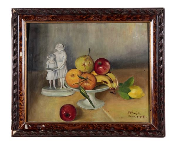 Pittore Italiano Inizio XX Secolo - Signed and dated Roma 1939. "Still life with fruit and porcelain", small oil painting on plywood
