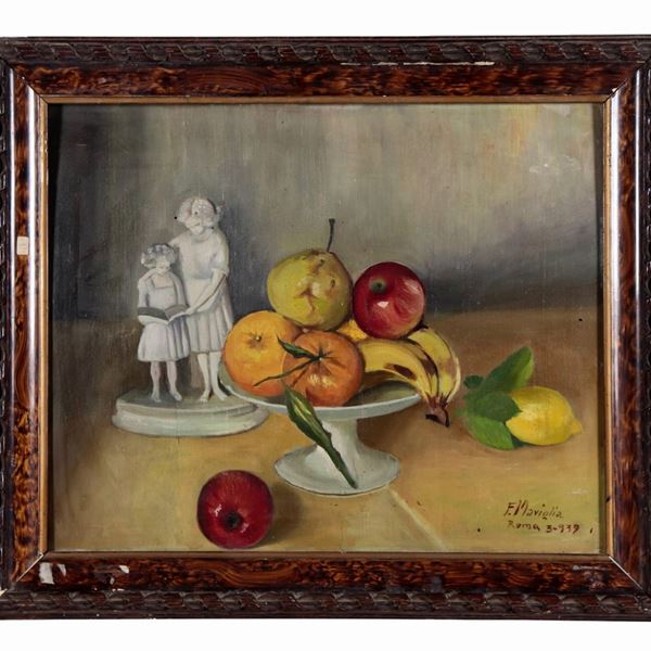 Pittore Italiano Inizio XX Secolo - Firmato e datato Roma 1939. "Natura morta con frutta e porcellana", piccolo dipinto ad olio su compensato