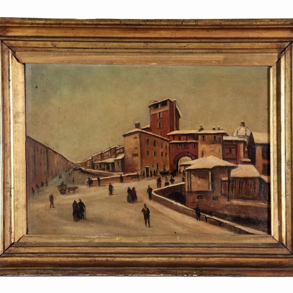 Scuola Italiana Fine XIX Secolo - "Veduta di città innevata con personaggi", piccolo dipinto ad olio su masonite