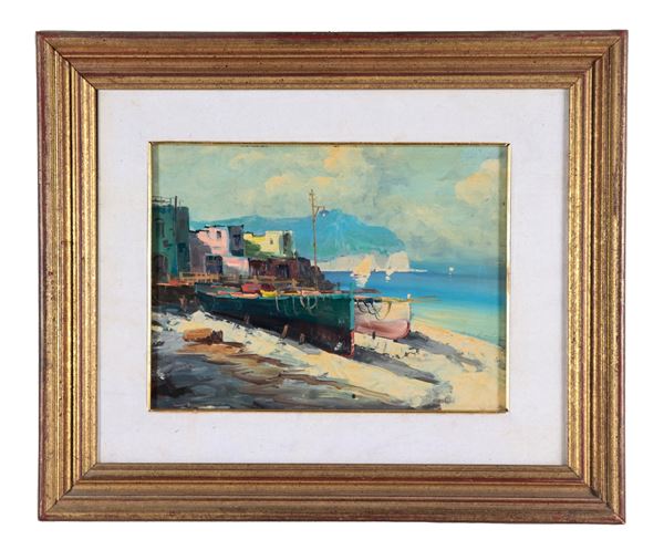 Pittore Italiano Inizio XX Secolo - "Marina with small port and fishermen's houses", small oil painting on plywood