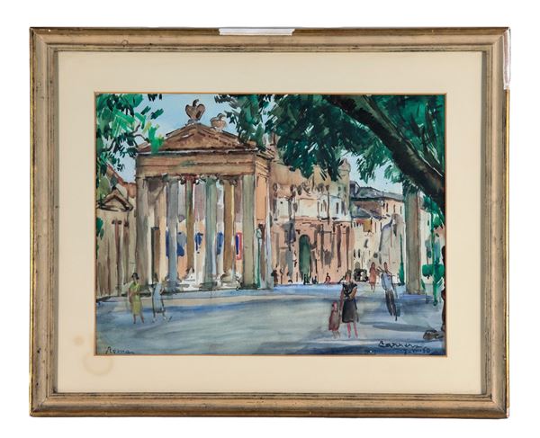 Pittore Italiano Inizio XX Secolo - Firmato e datato Roma 1950. "Veduta di Piazzale Flaminio con l'entrata di Villa Borghese", acquarello su carta