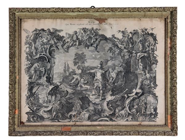 "Historical biblical scene", ancient engraving on paper which has various shortcomings
