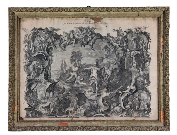 "Scena storico biblica", antica incisione su carta che presenta varie mancanze