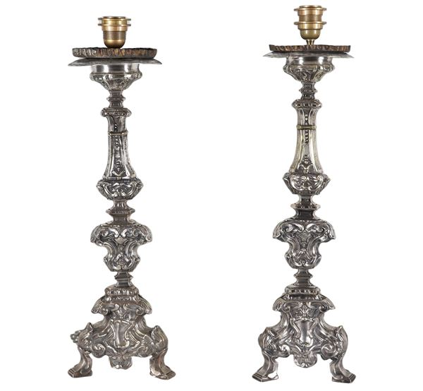 Pair of table torches in silvered copper, chiseled and embossed with Louis XIV motifs