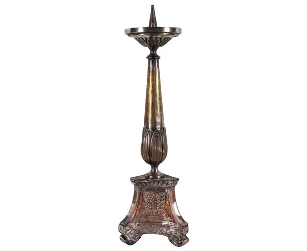 Antique small torch holder in silvered copper, chiseled and embossed with Louis XV motifs