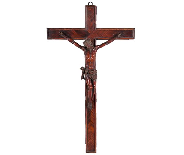Antico crocifisso in legno di bosso ed ebano viola