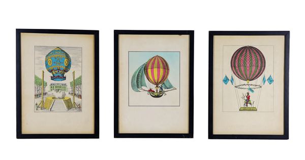 Lot of three small colored French prints "Hot Air Balloons"