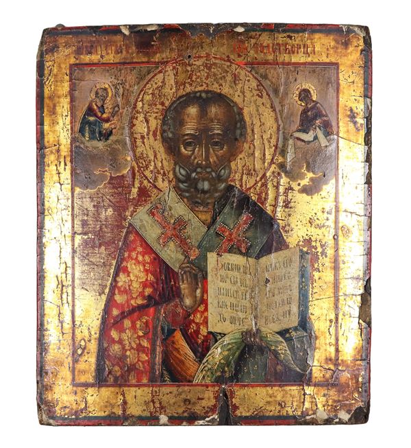 Antica icona russa "San Nicola il Taumaturgo", dipinta su tavola con fondo oro