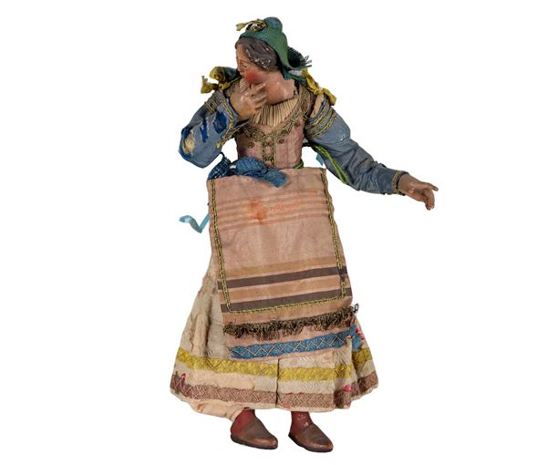 Antico pupazzo napoletano da presepe "Contadinella" in terracotta, con vestiti in seta originali danneggiati