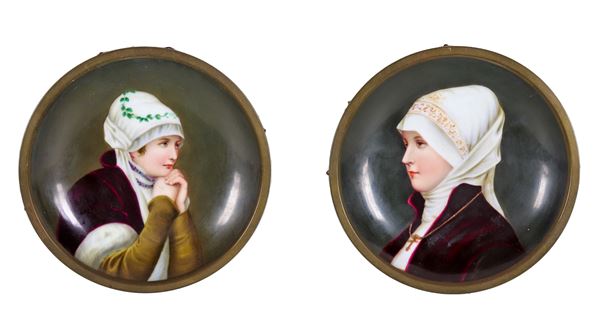 Pair of antique French "Young Novices" painted porcelain saucers, metal frames