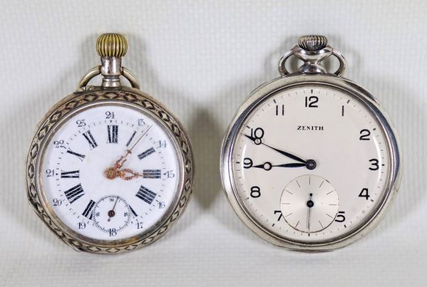 Lot of two antique cylinder pocket watches, one Zenith in silver, the other in silver-plated metal, enamel dials