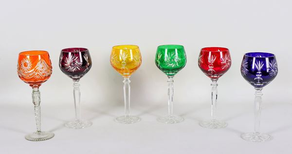 Lot of six goblet glasses in Bohemian crystal in various colors, worked with a diamond point
