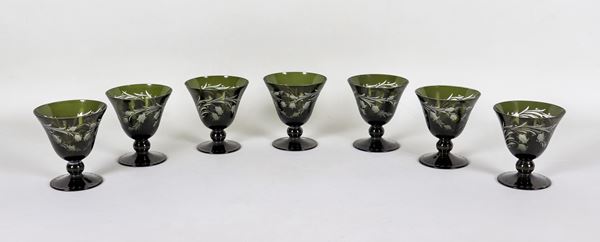 Lot of seven shot glasses in engraved Bohemian crystal, dark green colour