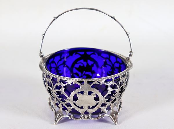 Silver sugar bowl with handle George V period, chiseled, embossed and perforated, cobalt blue crystal bowl, gr. 110