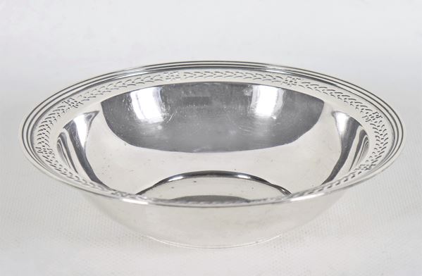 Vaschetta tonda in argento Sterling 925, con bordo cesellato e traforato a palmette, gr. 170