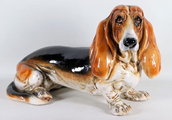 "Dachshund dog" sculpture in porcelain and glazed ceramic