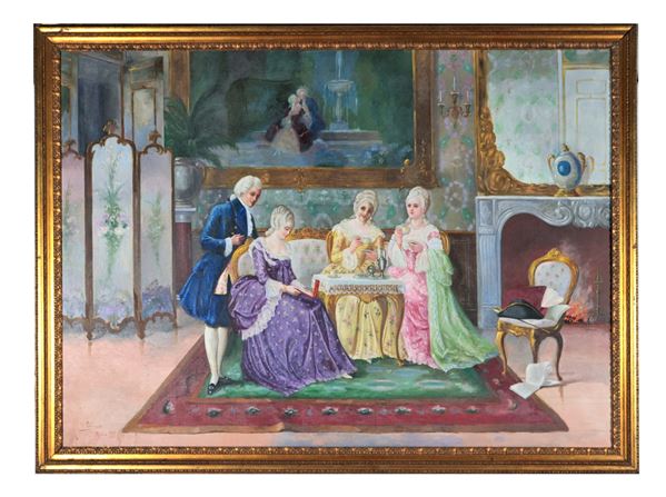 Palmieri C. (Attivo Inizio XX Secolo) - Firmato ed iscritto Roma. "Giocatori di carte nel salotto settecentesco", grande dipinto ad olio su tela