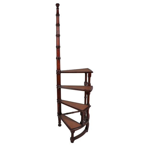 Library ladder in mahogany with upright with turned column, four steps with leather shelves.
