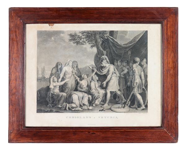 "Coriolano e Veturia", ancient engraving on paper which has a small lack