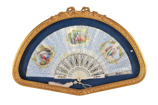 Ancient fan with medallions painted with motifs of mythological scenes