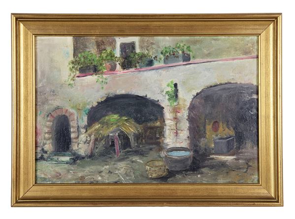 Pittore Italiano Fine XIX - Inizio XX Secolo - "Casale con cortile e stalla", dipinto ad olio su tela