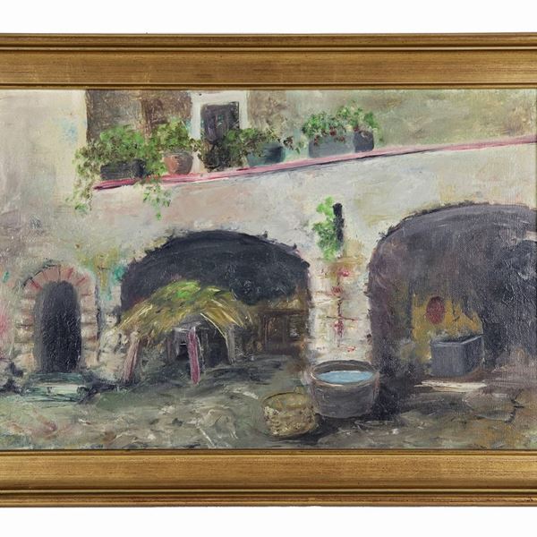 Pittore Italiano Fine XIX - Inizio XX Secolo - "Casale con cortile e stalla", dipinto ad olio su tela