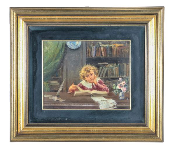 Giovanni Panza - Firmato. "Il riposo del bambino dopo i compiti", piccolo dipinto ad olio su tavoletta di fine qualità pittorica 