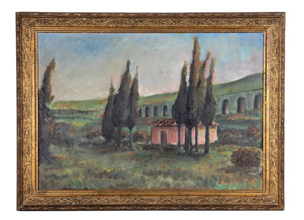 Pittore Italiano Inizio XX Secolo - Tracce di firma. "Paesaggio con acquedotto romano e casale contadino", dipinto ad olio su tela