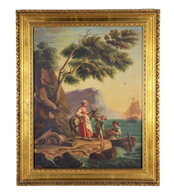 Pittore Italiano Fine XIX Secolo - "L'approdo del pescatore con la famigliola", dipinto ad olio su tela