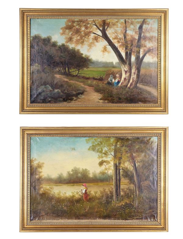 Pittore Italiano Inizio XX Secolo - Firmati. "Paesaggi boschivi con corsi d'acqua e contadini", coppia di dipinti ad olio su tela