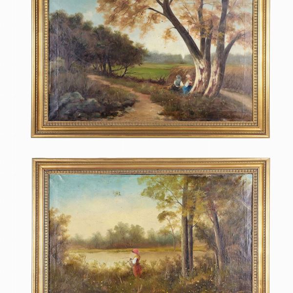 Pittore Italiano Inizio XX Secolo - Signed. "Forest landscapes with streams and peasants", pair of oil paintings on canvas