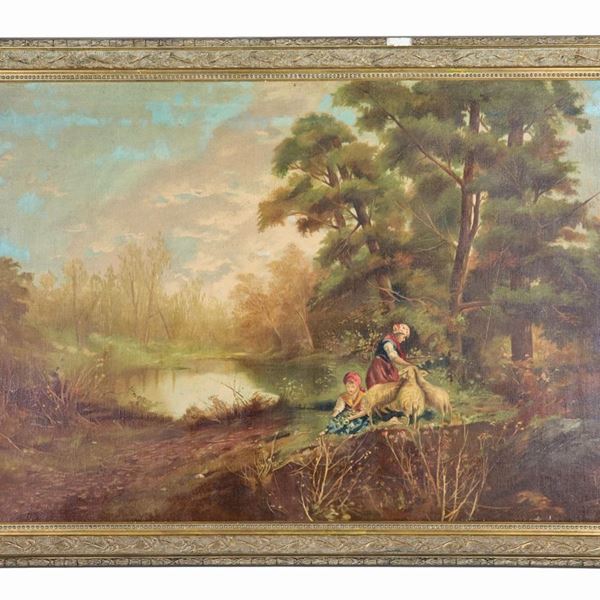 Pittore Italiano Inizio XX Secolo - "Landscape with shepherdesses and sheep", oil painting on canvas