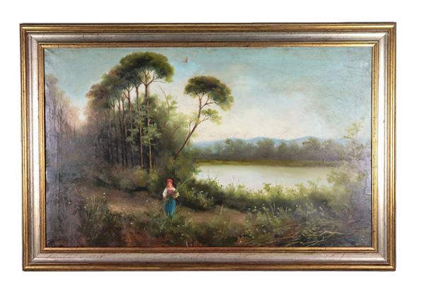 Pittore Italiano Inizio XX Secolo - Signed. "Landscape with peasant girl and stream", oil painting on canvas