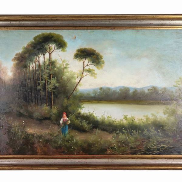 Pittore Italiano Inizio XX Secolo - Firmato. "Paesaggio con contadinella e corso d'acqua", dipinto ad olio su tela