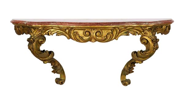 French wall shelf in gilded wood and carved with Louis XV motifs, marble top