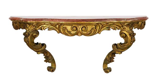 Mensola da muro francese in legno dorato e intagliato a motivi Luigi XV, piano in marmo