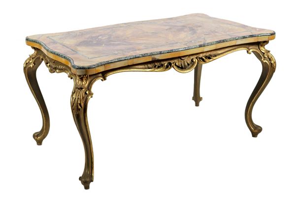 French coffee table from the Louis XV line in gilded and lacquered wood, antique yellow marble top with green Alpine marble profiles