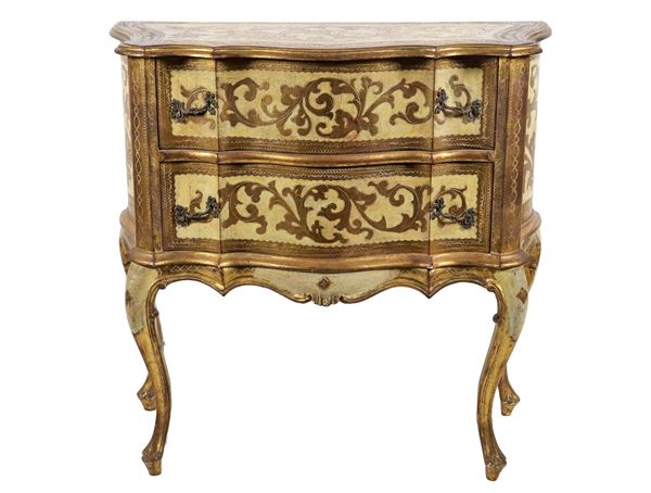 Bedside table from the Marche region in gilded and ivory lacquered wood with arched shape
