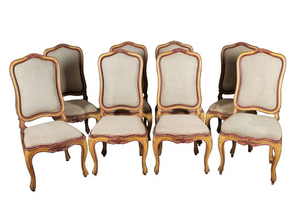 Lot of eight Louis XV line chairs in lacquered wood with red profiles, high arched backs and four curved legs