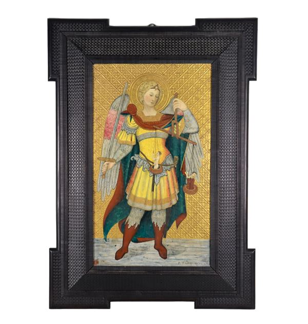 Pio Fabri - Firmata e iscritta Roma. "L'Arcangelo San Michele", grande placca in ceramica smaltata e dipinta a varie policromie su fondo dorato