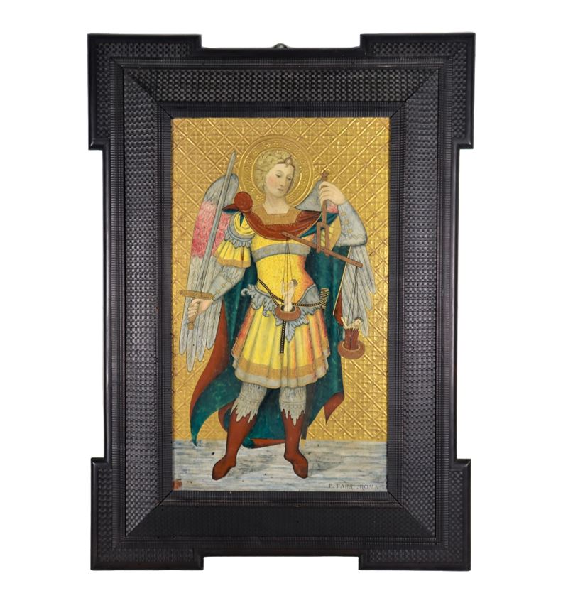 Firmata e iscritta Roma. "L'Arcangelo San Michele", grande placca in ceramica smaltata e dipinta ...