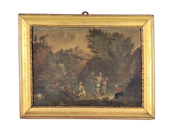 Scuola Romana Fine XVIII Secolo - "Paesaggio con il Tempio di Vesta a Tivoli con le cascatelle e bagnanti", piccolo dipinto ad olio su tela