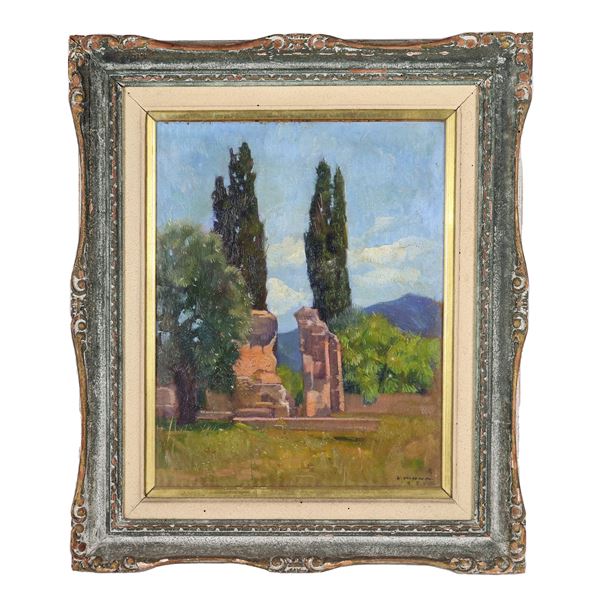 Giorgio Hinna - Firmato e datato 1935. "Villa Adriana", dipinto ad olio su compensato, opera dell'Artista che fece parte dei XXV della Campagna Romana