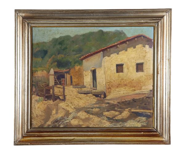 Scuola Italiana Fine XIX Secolo - "Malga di montagna con ruscello", piccolo dipinto ad olio su compensato