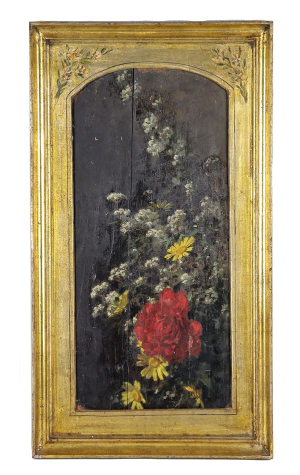 Pittore Italiano Met&#224; XIX Secolo - "Allegoria di fiori", dipinto ad olio su tavola